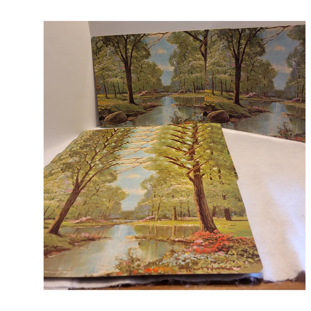 Avon Placemat Set (9) Vtg Robert Wood Landscape Nature Tree Art Green Blue Brown